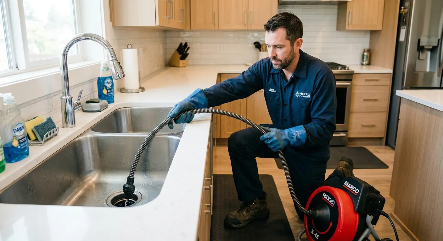 Drain cleaning technician using a motorized snake on a kitchen sink in McLendon-Chisholm