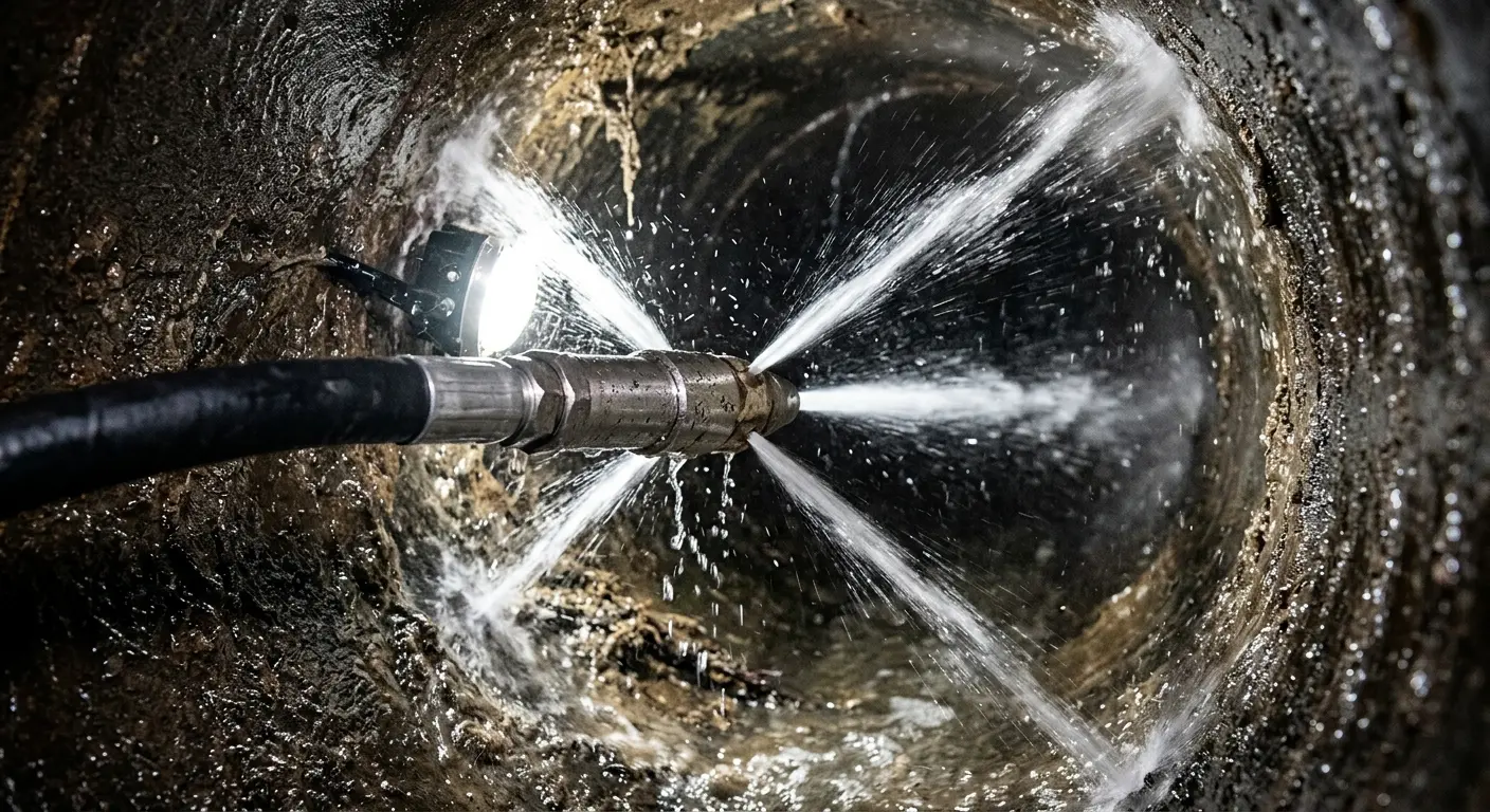 High-pressure hydro jetting nozzle cleaning sewer pipe for Sewer Cleanout in McLendon-Chisholm