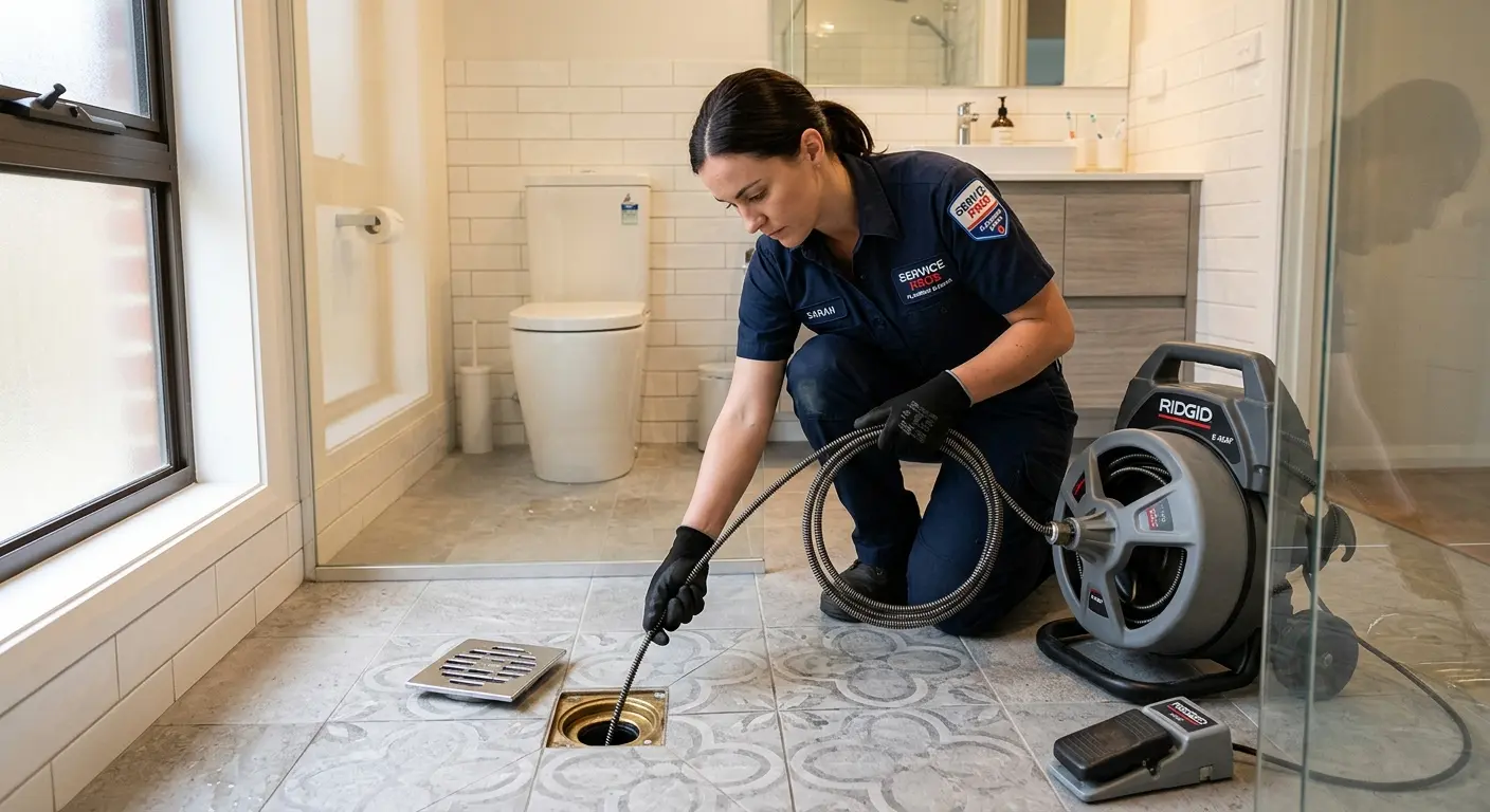 Technician clearing a bathroom floor drain for Hydro Jetting in McLendon-Chisholm